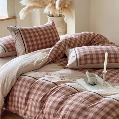 Dusty Rose Cherry Plaid Cotton Bedding Set with Embroidery
