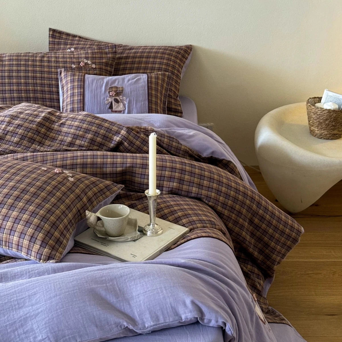 Lavender Bloom Plaid Cotton Bedding Set with Embroidery