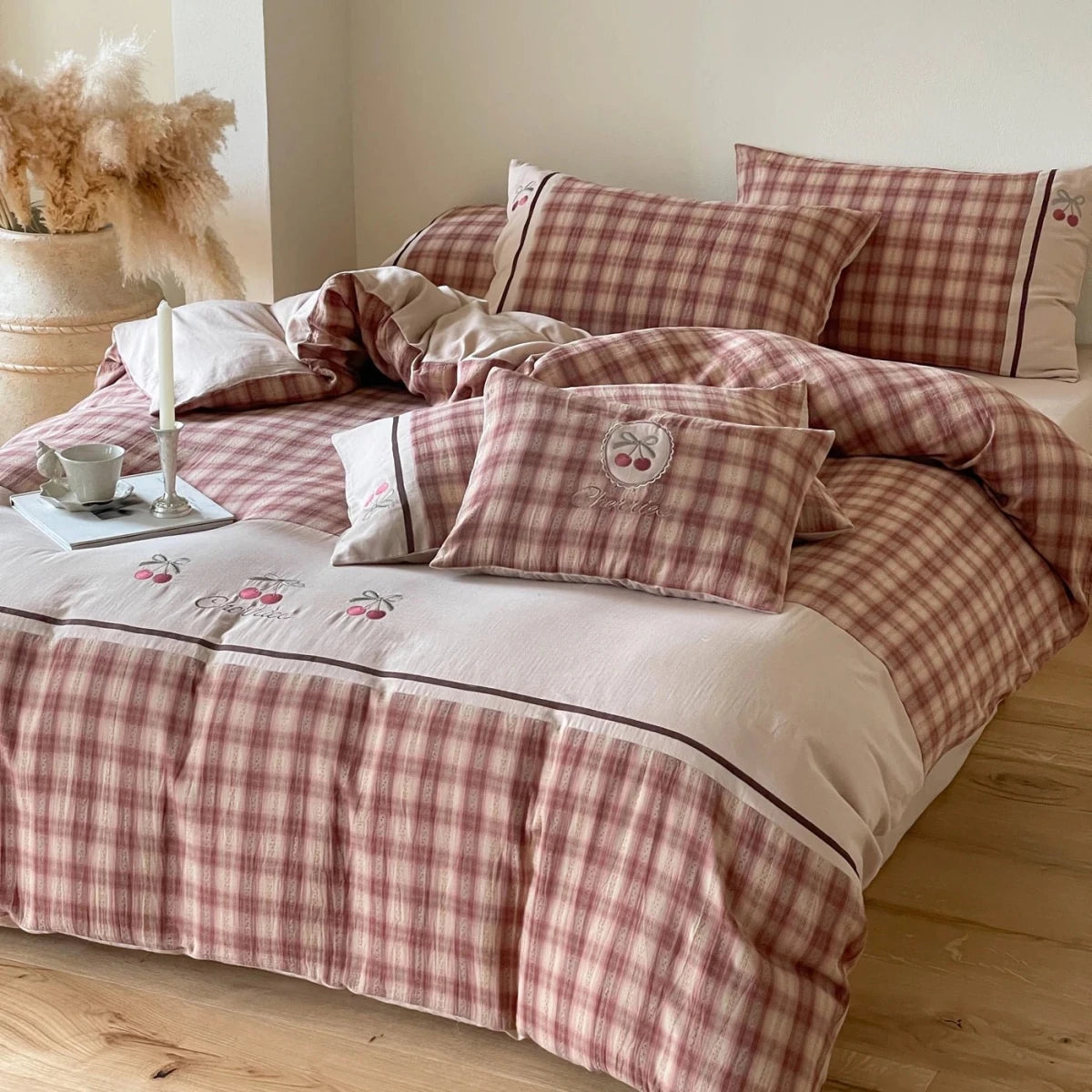 Dusty Rose Cherry Plaid Cotton Bedding Set with Embroidery