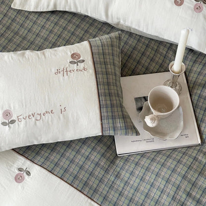 Sage Orchard Plaid Cotton Bedding Set with Embroidery
