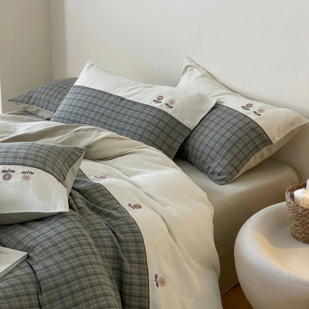 Sage Orchard Plaid Cotton Bedding Set with Embroidery