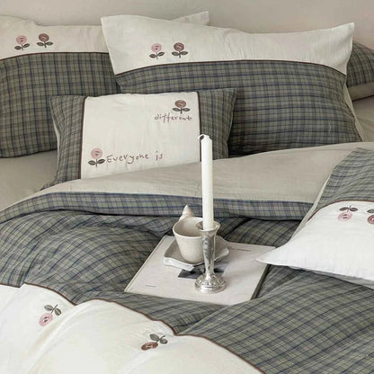 Sage Orchard Plaid Cotton Bedding Set with Embroidery