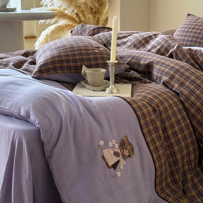 Lavender Bloom Plaid Cotton Bedding Set with Embroidery