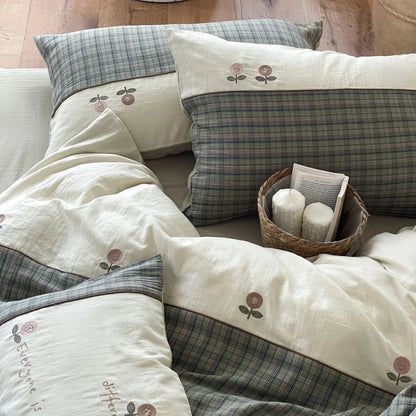 Sage Orchard Plaid Cotton Bedding Set with Embroidery