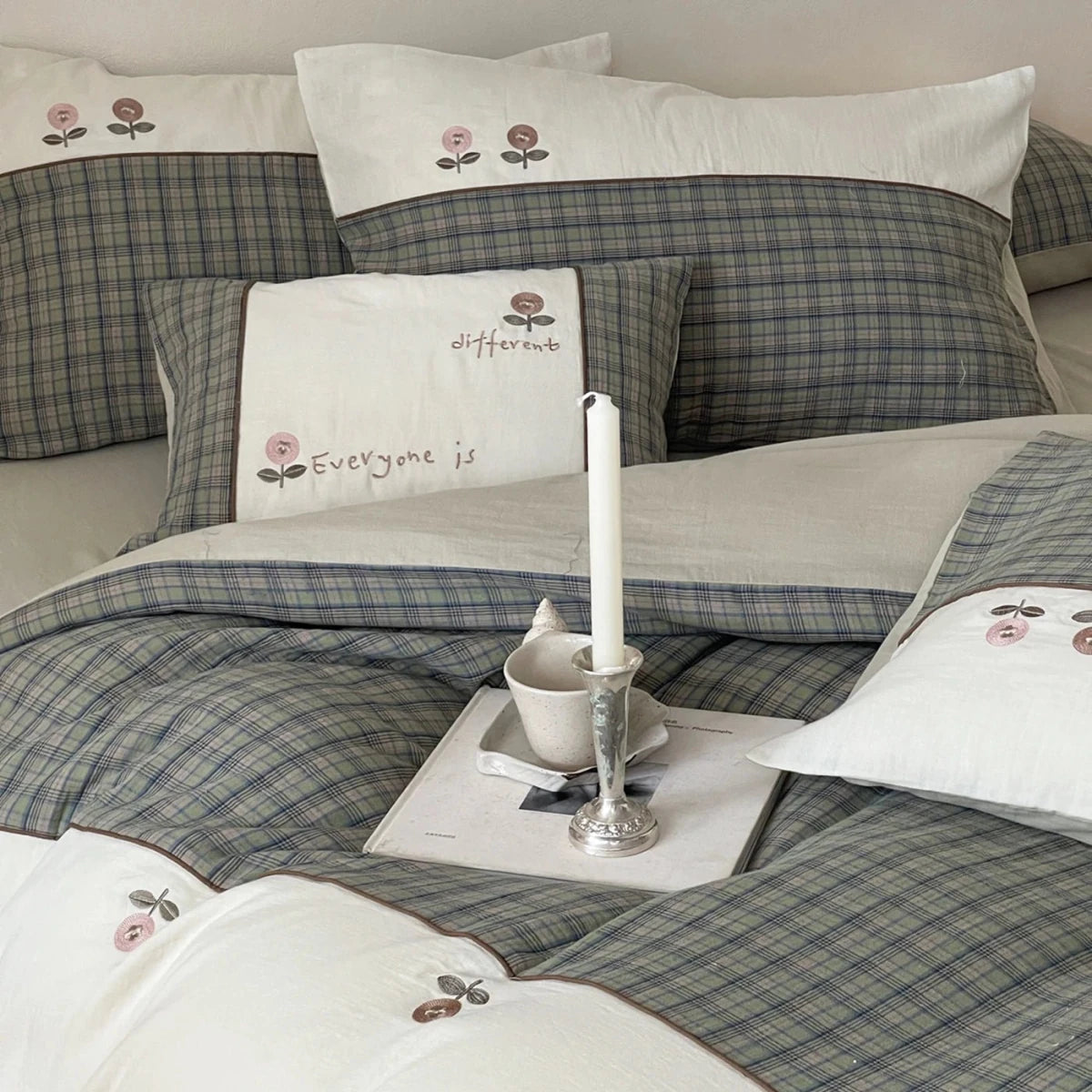 Sage Orchard Plaid Cotton Bedding Set with Embroidery