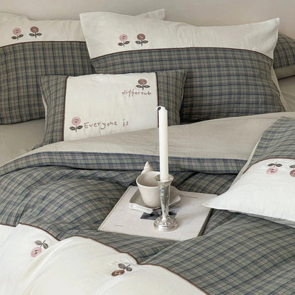 Sage Orchard Plaid Cotton Bedding Set with Embroidery