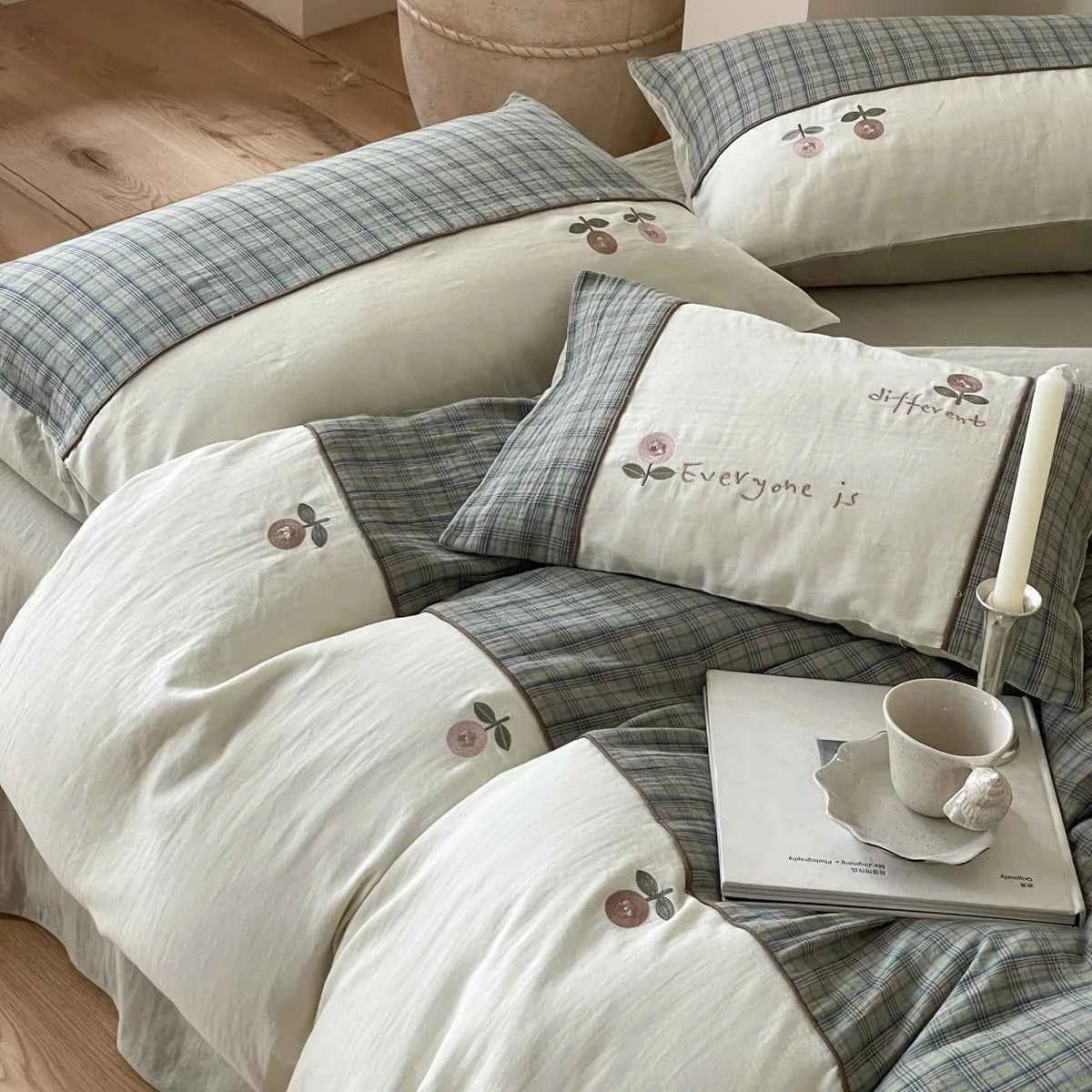 Sage Orchard Plaid Cotton Bedding Set with Embroidery