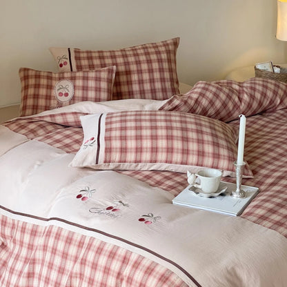Dusty Rose Cherry Plaid Cotton Bedding Set with Embroidery