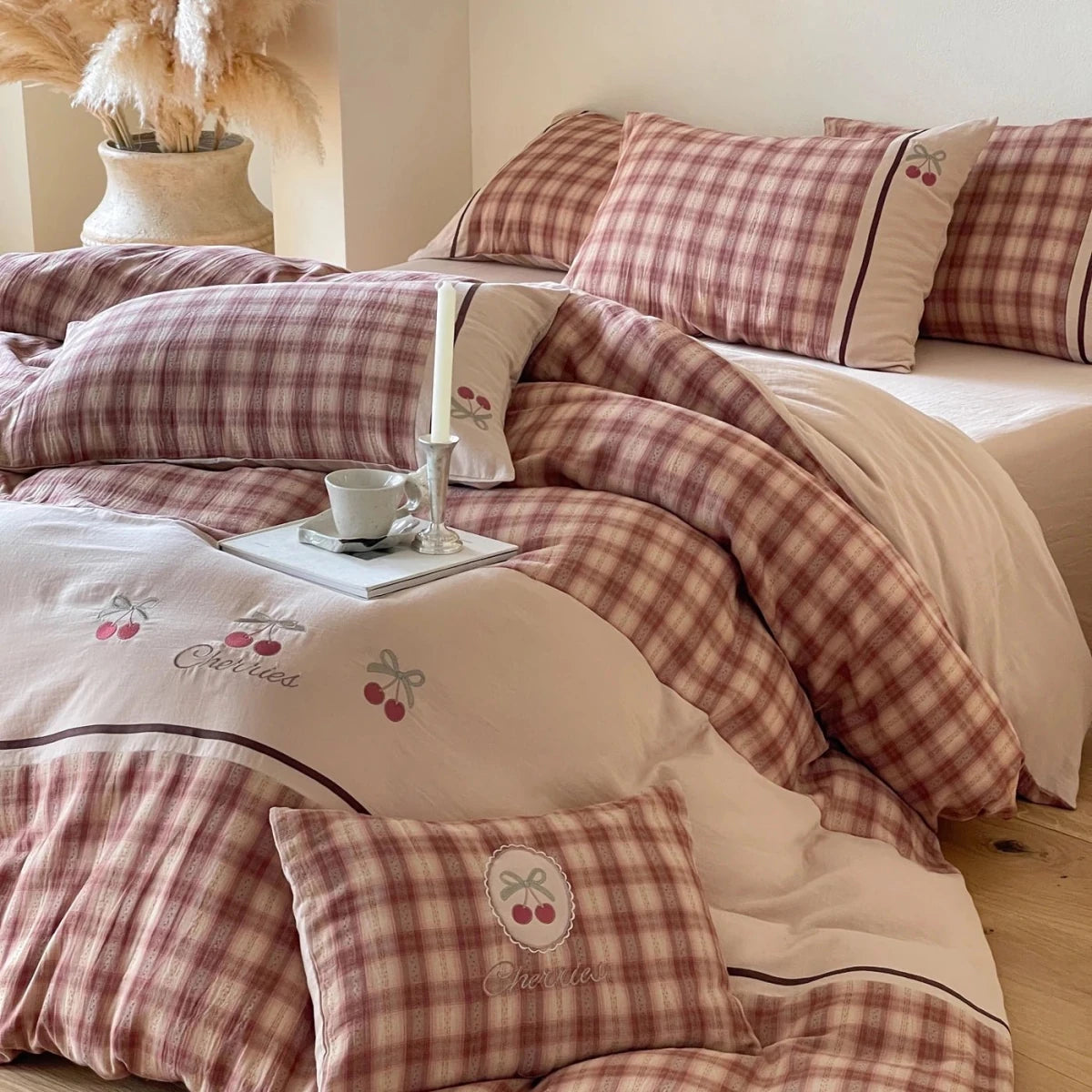 Dusty Rose Cherry Plaid Cotton Bedding Set with Embroidery