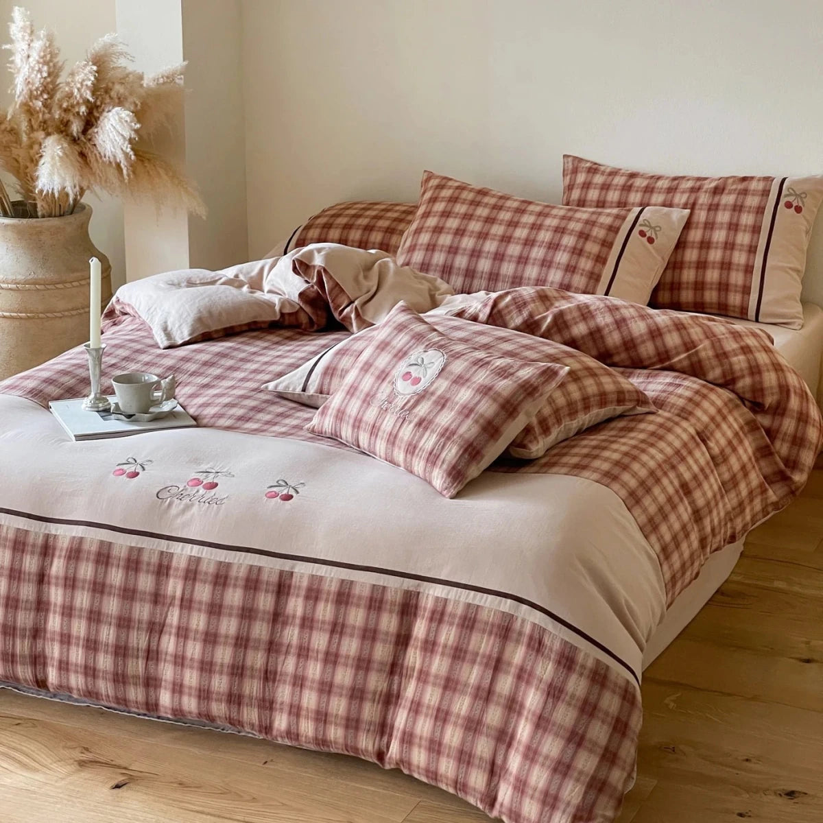 Dusty Rose Cherry Plaid Cotton Bedding Set with Embroidery