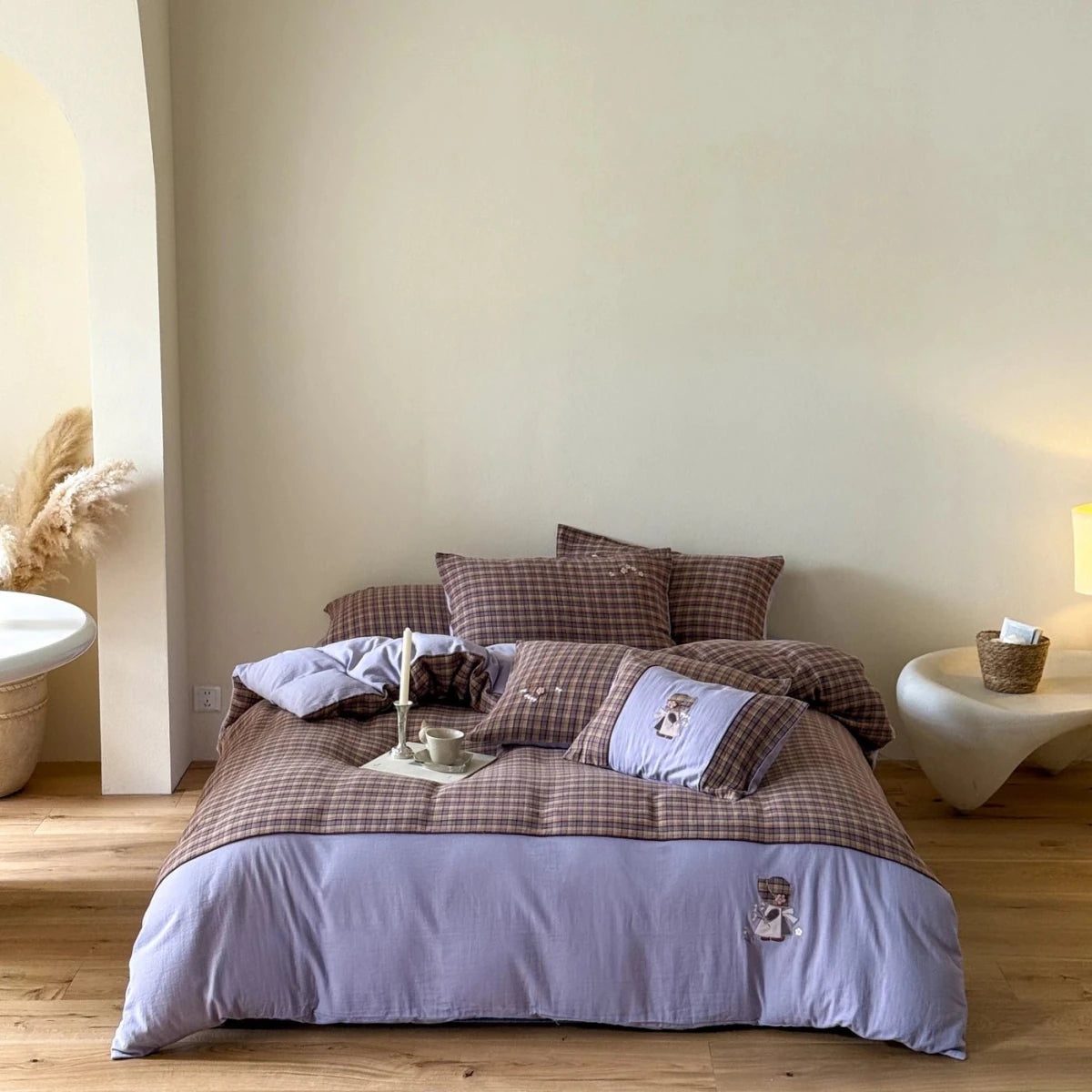 Lavender Bloom Plaid Cotton Bedding Set with Embroidery