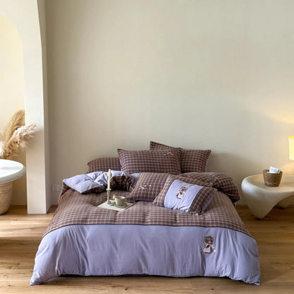 Lavender Bloom Plaid Cotton Bedding Set with Embroidery