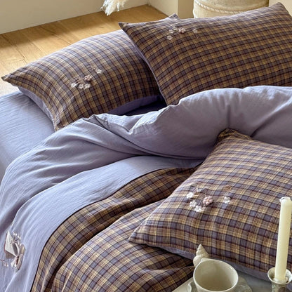Lavender Bloom Plaid Cotton Bedding Set with Embroidery