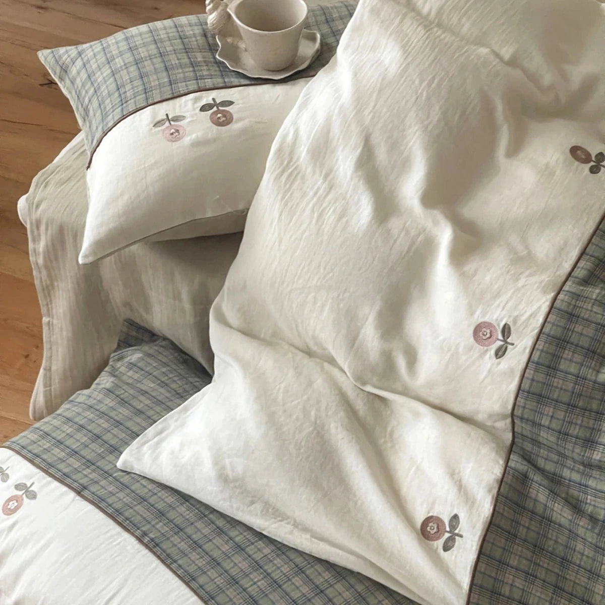 Sage Orchard Plaid Cotton Bedding Set with Embroidery