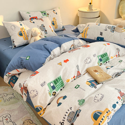 Motorway Car Print Reversible Cotton Bedding Set - Car & Navy Blue - WhisperLinens
