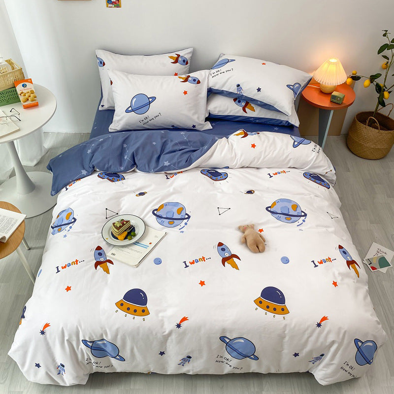 Orbit Space Print Reversible Cotton Bedding Set - White & Blue - WhisperLinens