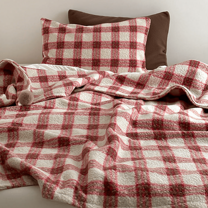 Thistle Plaid Pom-Pom Throw Blanket - Red - WhisperLinens