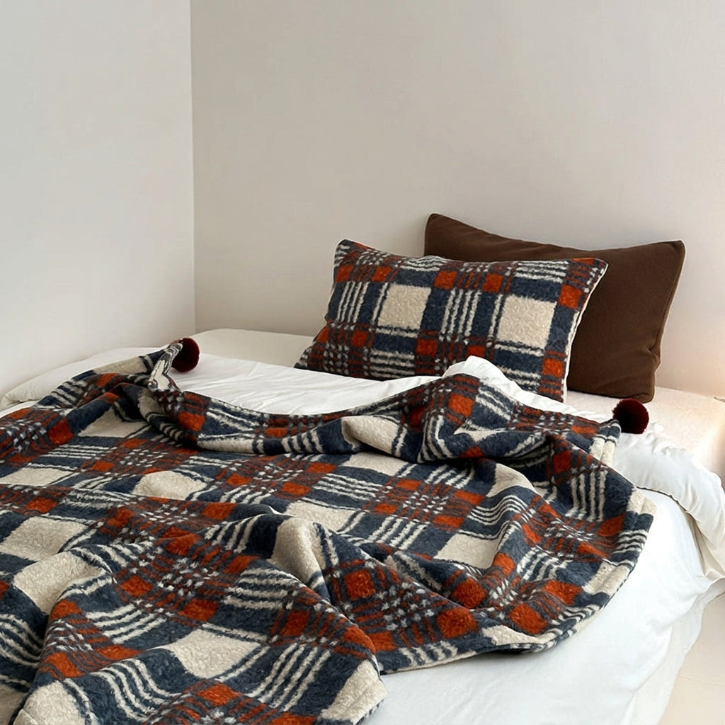 Thistle Plaid Pom-Pom Throw Blanket - Blue - WhisperLinens
