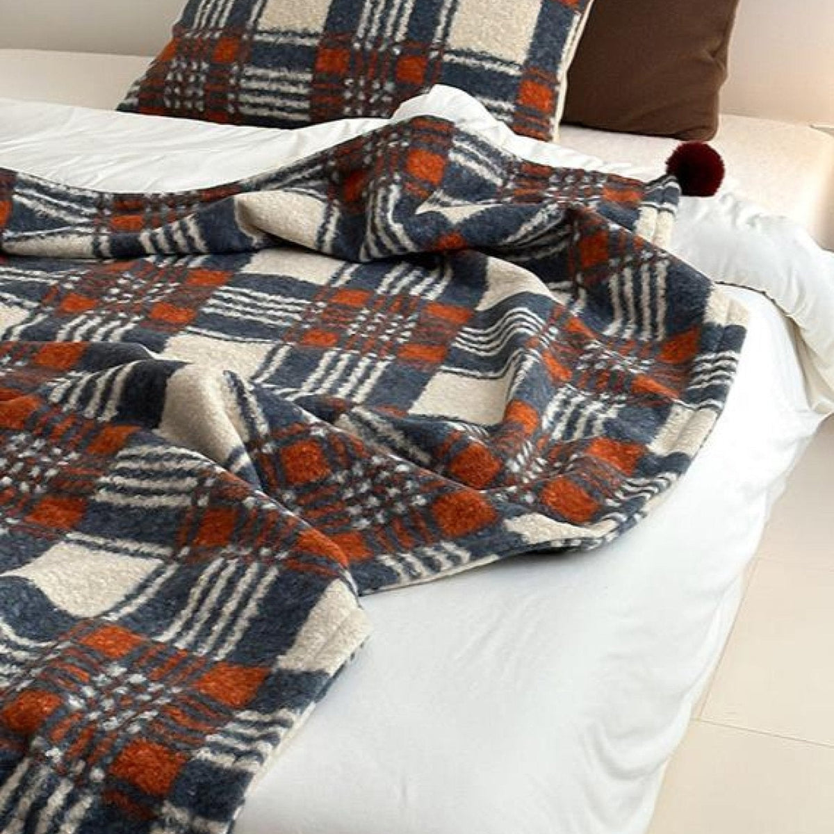 Thistle Plaid Pom-Pom Throw Blanket - Blue - WhisperLinens