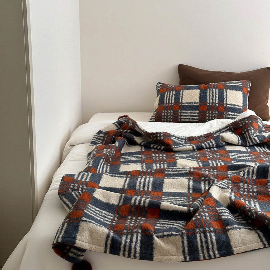 Thistle Plaid Pom-Pom Throw Blanket - Blue - WhisperLinens