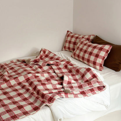 Thistle Plaid Pom-Pom Throw Blanket - Red - WhisperLinens