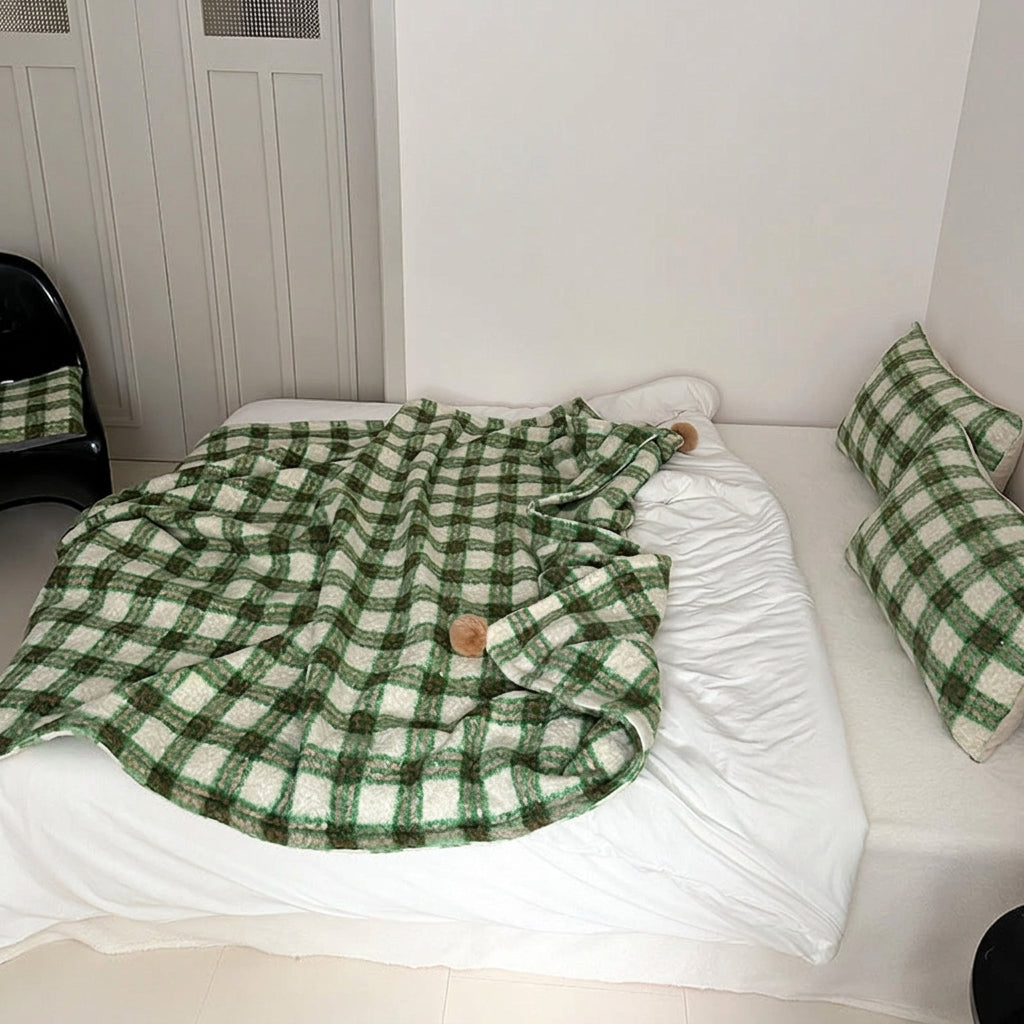Thistle Plaid Pom-Pom Throw Blanket - Green - WhisperLinens