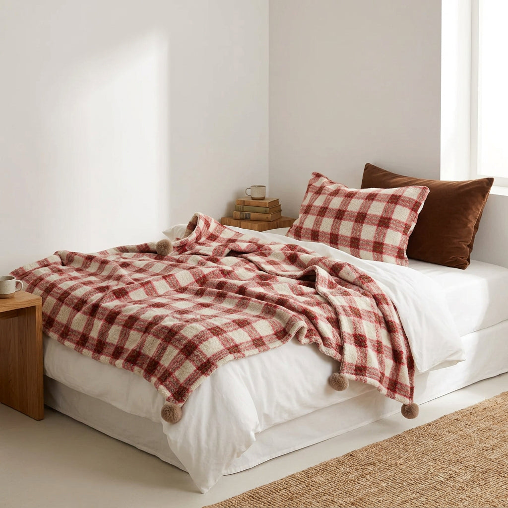 Thistle Plaid Pom-Pom Throw Blanket - Red - WhisperLinens