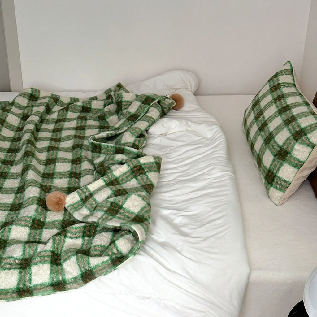 Thistle Plaid Pom-Pom Throw Blanket - Green - WhisperLinens