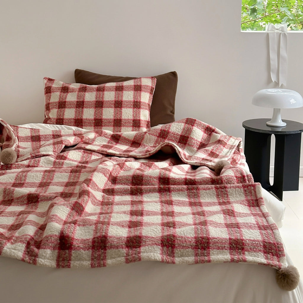 Thistle Plaid Pom-Pom Throw Blanket - Red - WhisperLinens