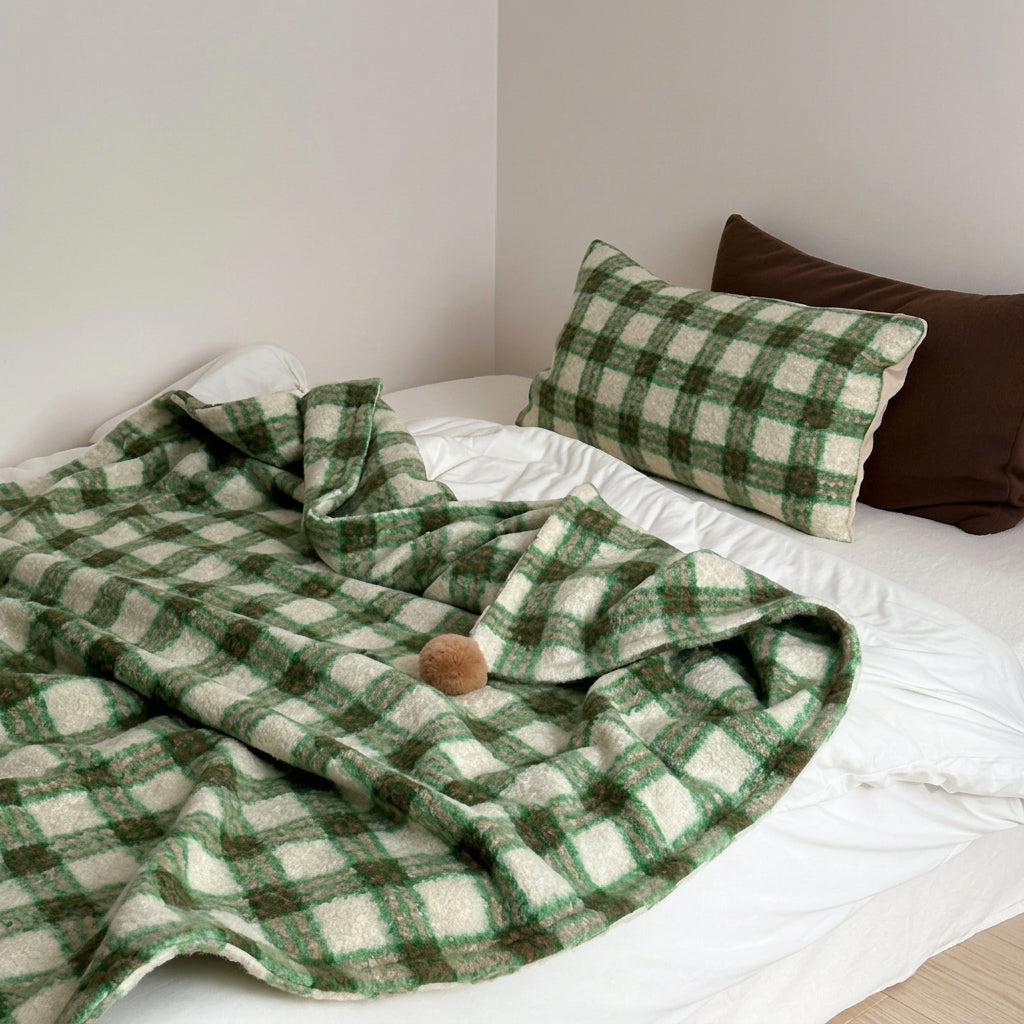 Thistle Plaid Pom-Pom Throw Blanket - Green - WhisperLinens