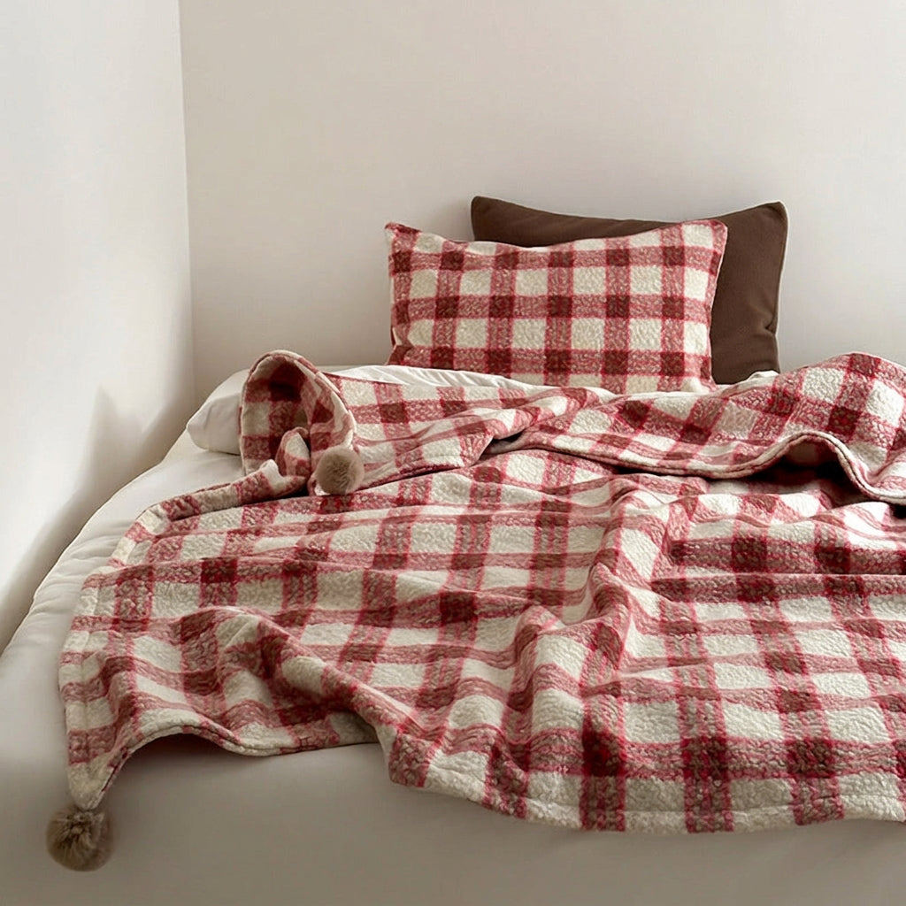 Thistle Plaid Pom-Pom Throw Blanket - Red - WhisperLinens