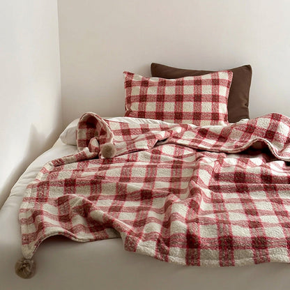Thistle Plaid Pom-Pom Throw Blanket - Red - WhisperLinens