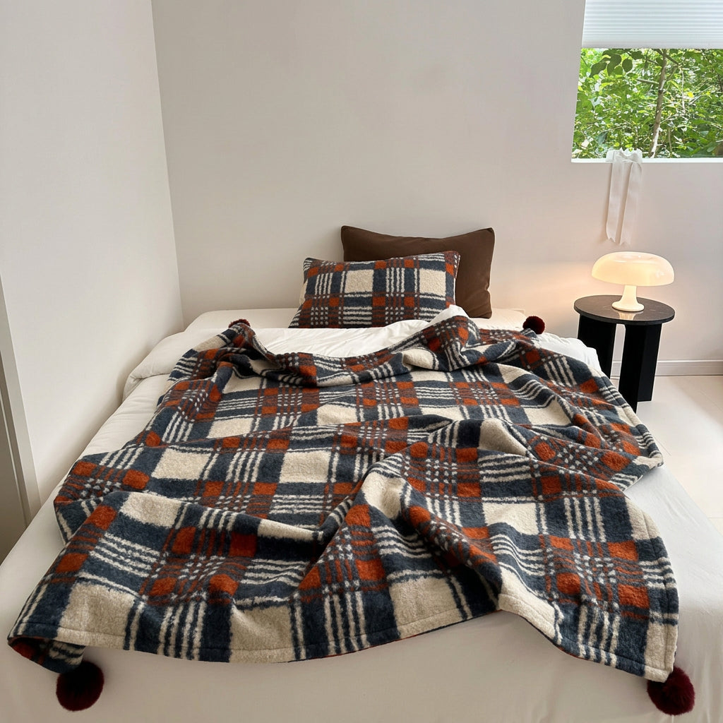 Thistle Plaid Pom-Pom Throw Blanket - Blue - WhisperLinens