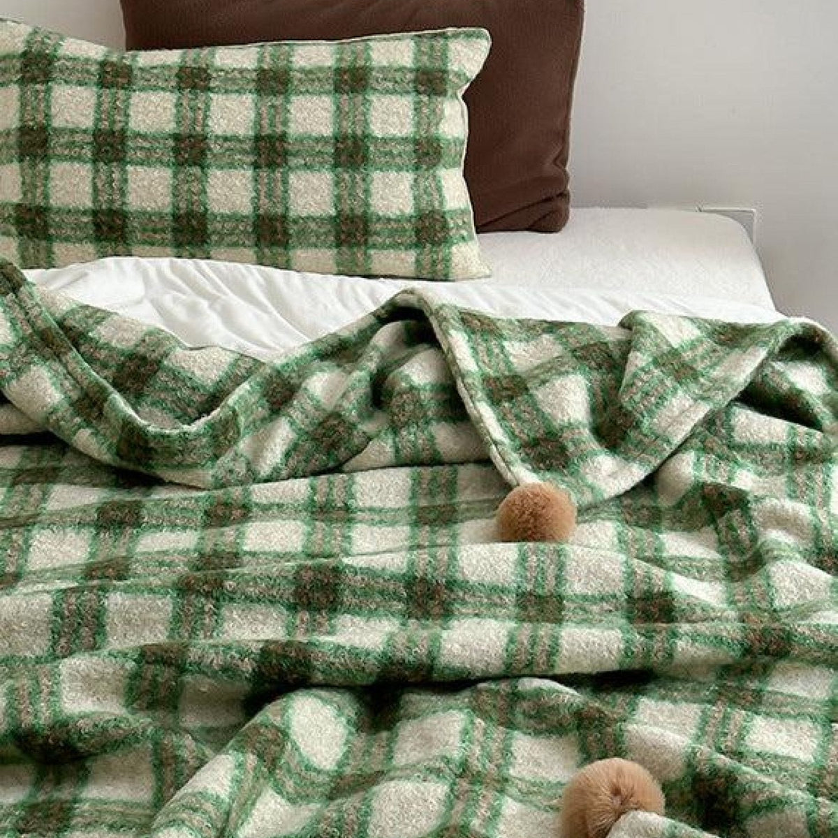 Thistle Plaid Pom-Pom Throw Blanket - Green - WhisperLinens