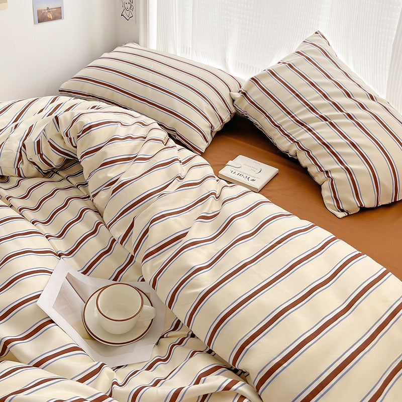 cream striped bedding set with brown and light blue lines