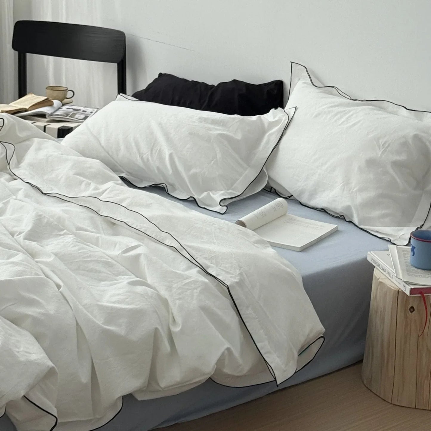Seren Black-Trim Washed Cotton Bedding Set