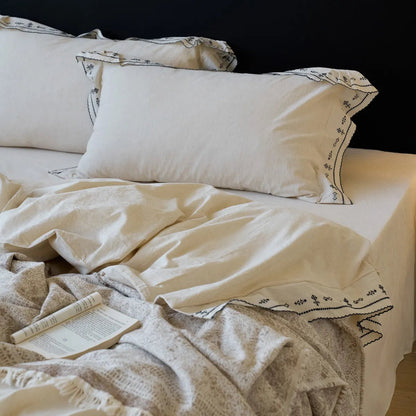Edda Folk Cross-Stitch Embroidered Washed Cotton Bedding Set - WhisperLinens