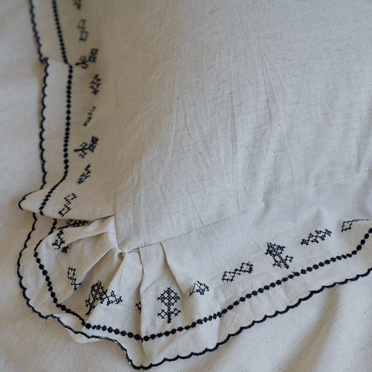Edda Folk Cross-Stitch Embroidered Washed Cotton Bedding Set - WhisperLinens