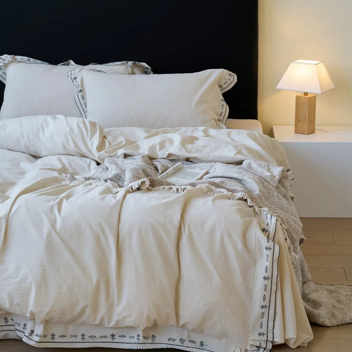 Edda Folk Cross-Stitch Embroidered Washed Cotton Bedding Set - WhisperLinens