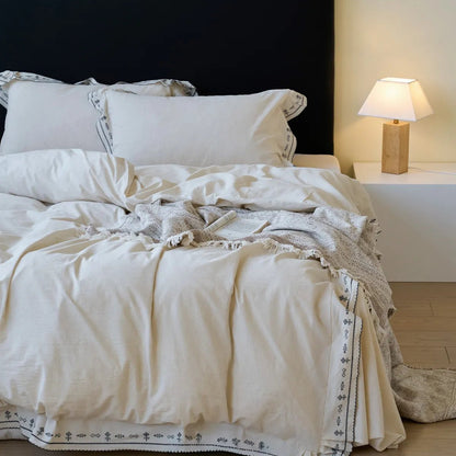 Edda Folk Cross-Stitch Embroidered Washed Cotton Bedding Set - WhisperLinens