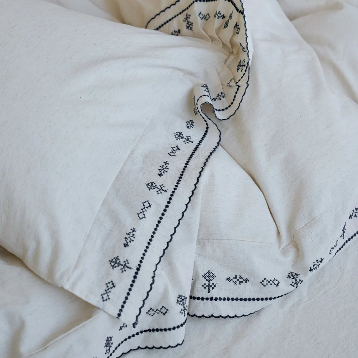 Edda Folk Cross-Stitch Embroidered Washed Cotton Bedding Set - WhisperLinens