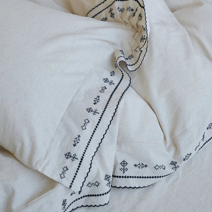 Edda Folk Cross-Stitch Embroidered Washed Cotton Bedding Set - WhisperLinens