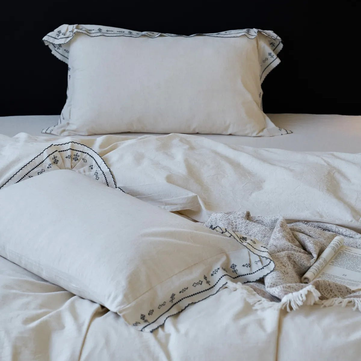 Edda Folk Cross-Stitch Embroidered Washed Cotton Bedding Set - WhisperLinens