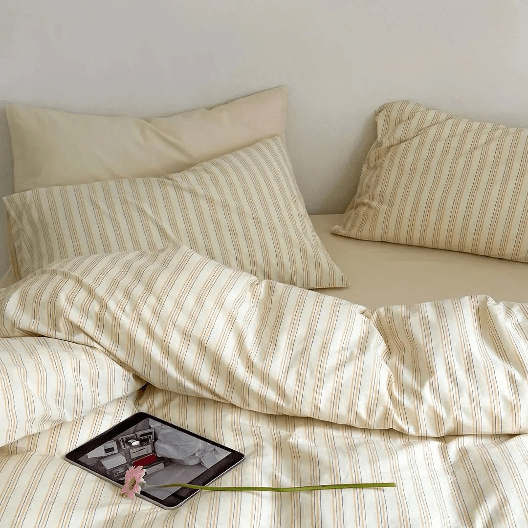 Ellery Ticking Stripe Washed Cotton Bedding Set - WhisperLinens