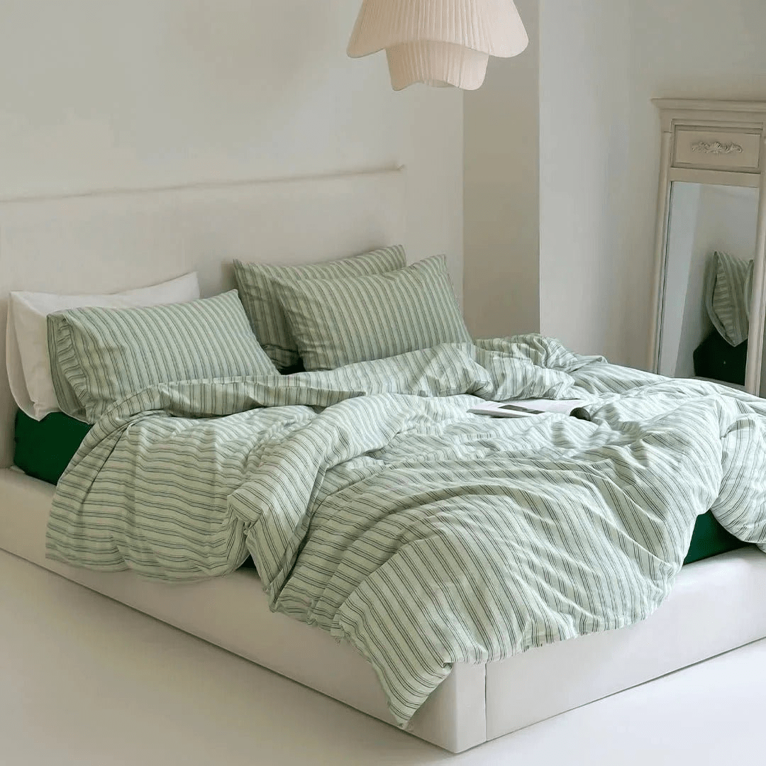 Ellery Ticking Stripe Washed Cotton Bedding Set - WhisperLinens