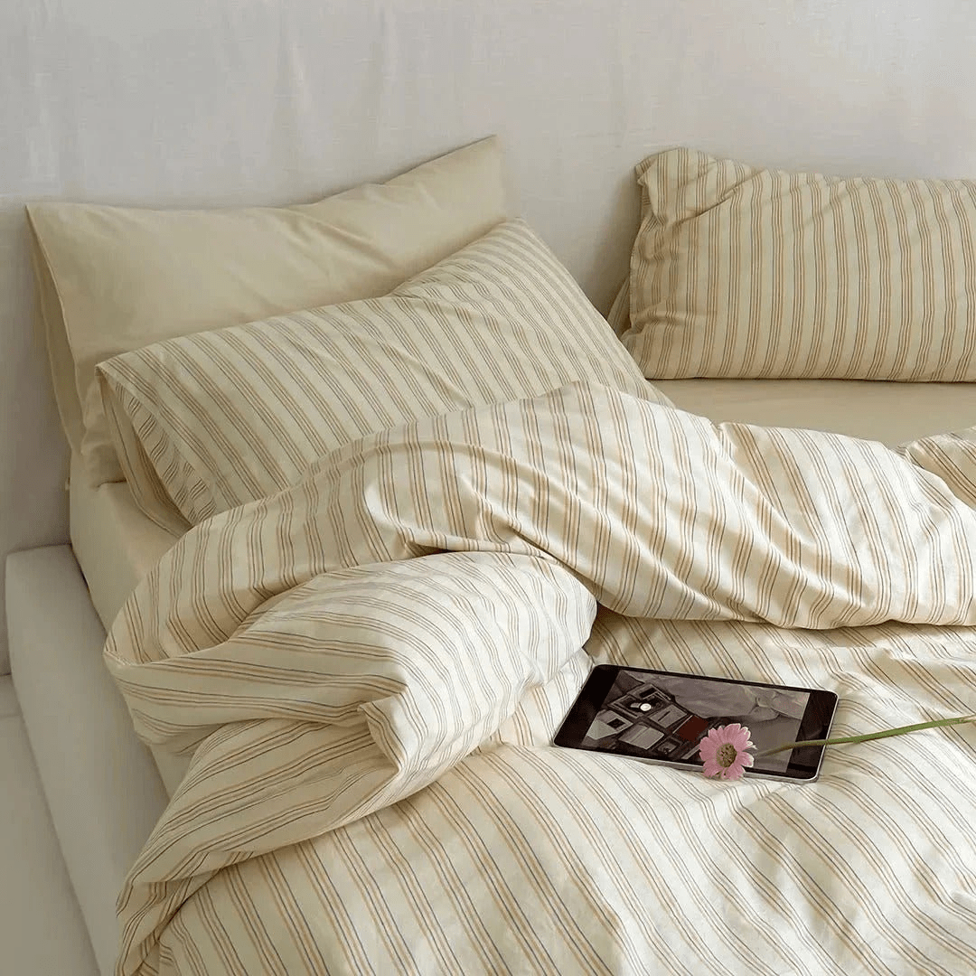 Ellery Ticking Stripe Washed Cotton Bedding Set - WhisperLinens