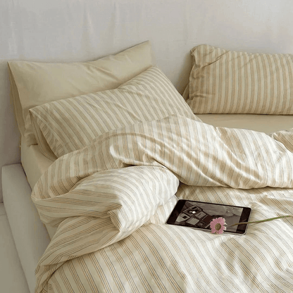 Ellery Ticking Stripe Washed Cotton Bedding Set - WhisperLinens