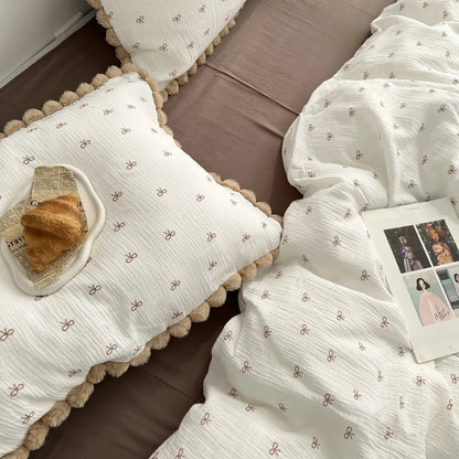 Adeline Bow Print Pom-Pom Trim Washed Cotton Bedding Set
