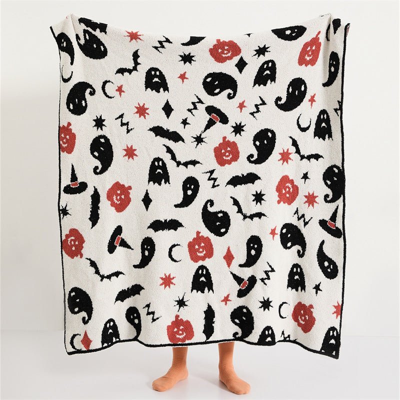 Hollow Halloween Print Fleece Throw Blanket - full view of ghosts, bats, witch hats and pumpkins - WhisperLinens