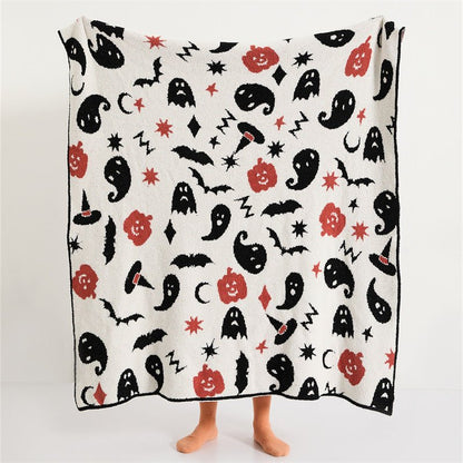 Hollow Halloween Print Fleece Throw Blanket - full view of ghosts, bats, witch hats and pumpkins - WhisperLinens